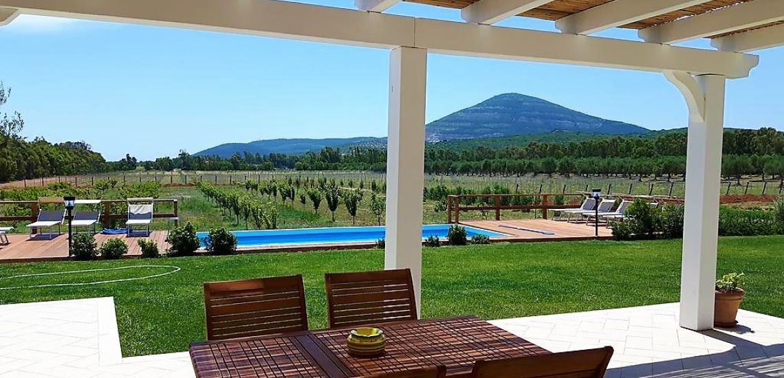 Uitzicht vanaf terras op zwembad en wijnvelden