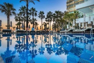 Amare blik op grote zwembad met palmbomen