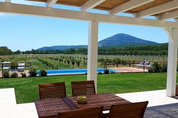Uitzicht vanaf terras op zwembad en wijnvelden