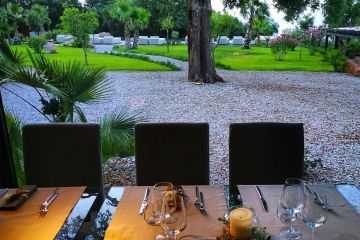 Terras van restaurant met uitzicht op tuin